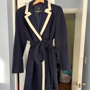 J. Crew Women Wrap Tipped Topcoat Wool Meghan Markle size 20 Navy Blue White.